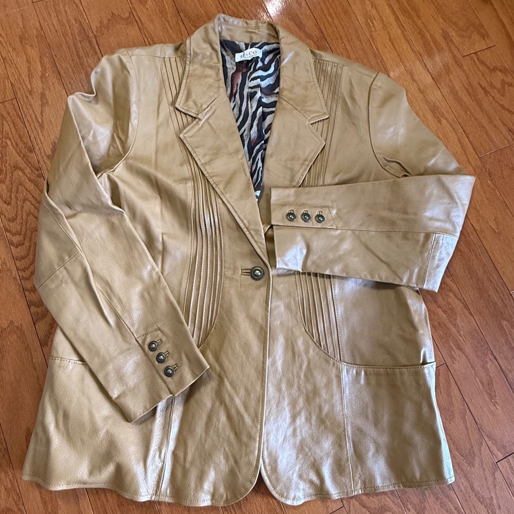 Denim & Co Tan Leather Blazer Pintuck Pleated Jacket Zebra Print Lining XL